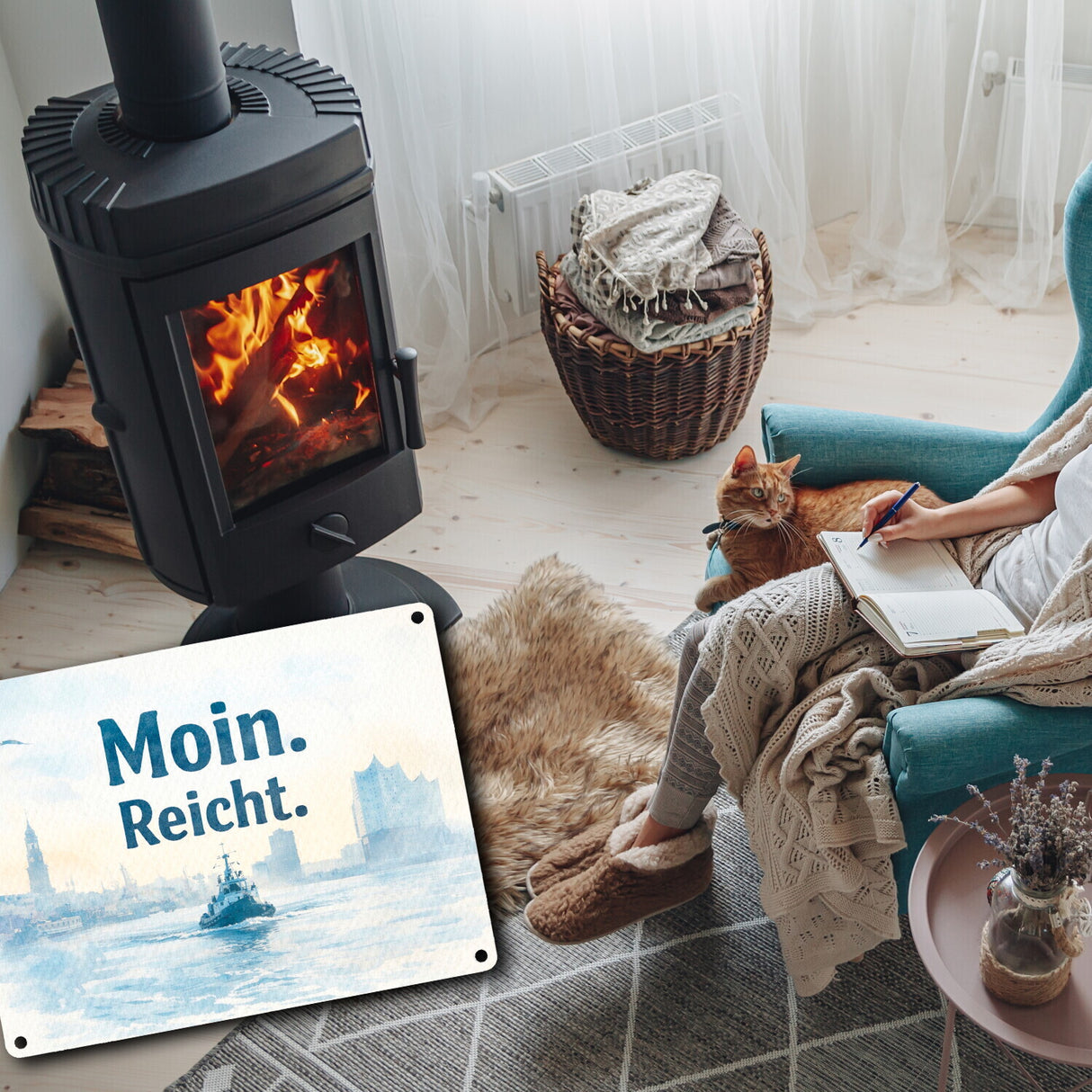 Moin. Reicht. Uferlandschaft mit Boot Metallschild in 15x20 cm