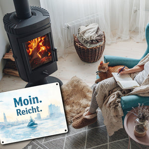 Moin. Reicht. Uferlandschaft mit Boot Metallschild in 15x20 cm