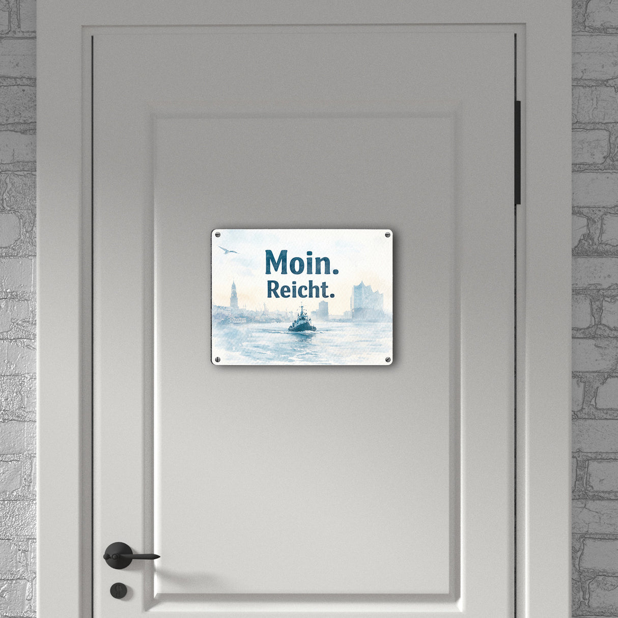 Moin. Reicht. Uferlandschaft mit Boot Metallschild in 15x20 cm