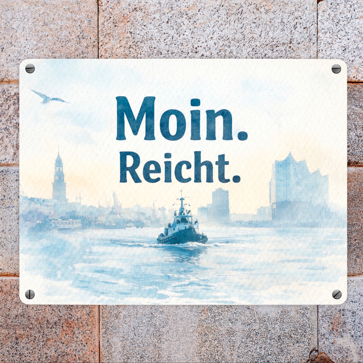 Moin. Reicht. Uferlandschaft mit Boot Metallschild in 15x20 cm