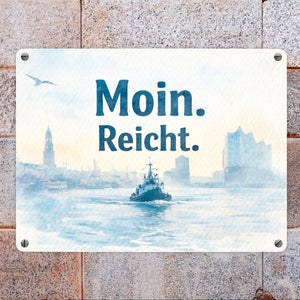 Moin. Reicht. Uferlandschaft mit Boot Metallschild in 15x20 cm