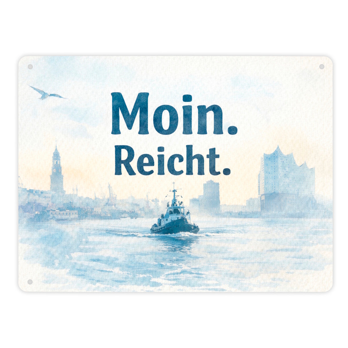 Moin. Reicht. Uferlandschaft mit Boot Metallschild in 15x20 cm