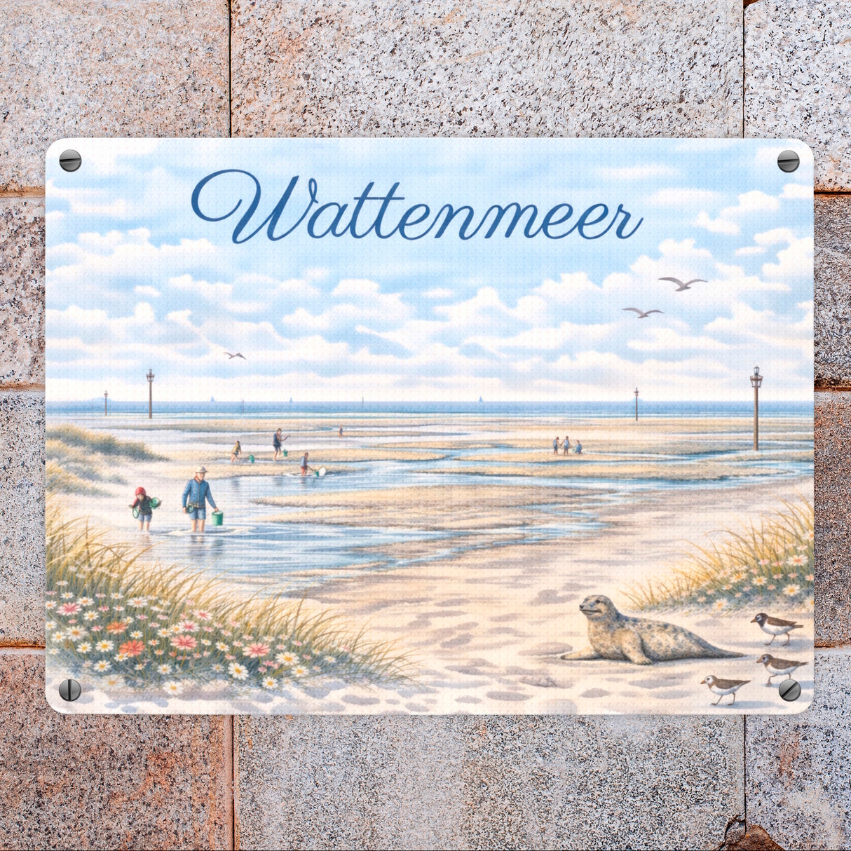 Wattenmeer Möwen Küstenszenario Metallschild in 15x20 cm
