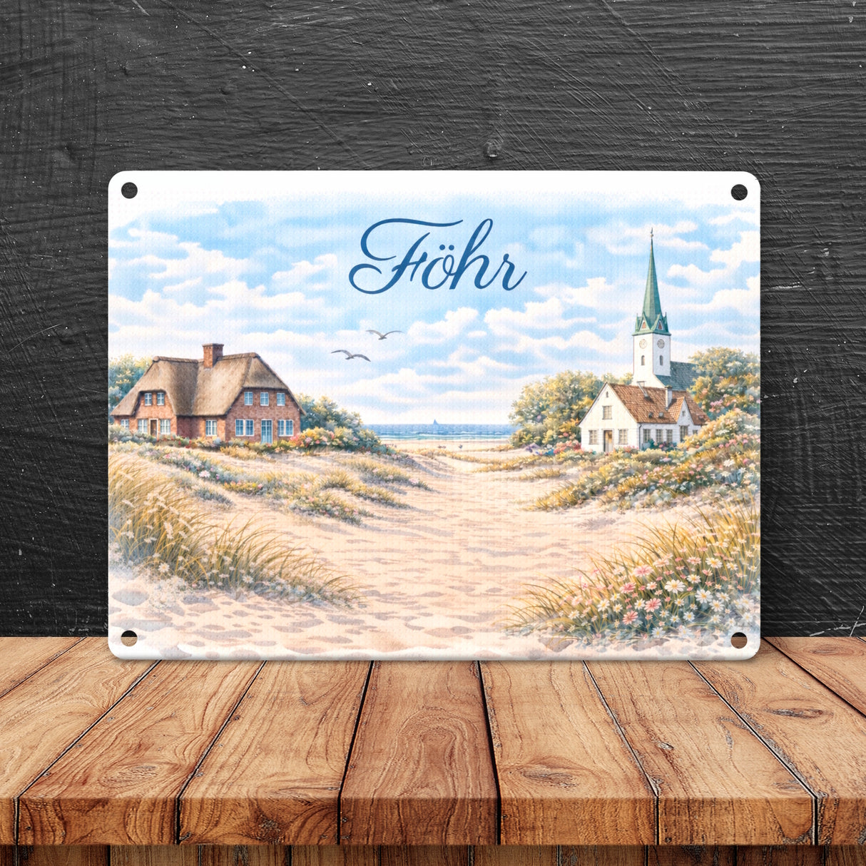 Küstenlandschaft Föhr Souvenir Metallschild in 15x20 cm mit Kirche