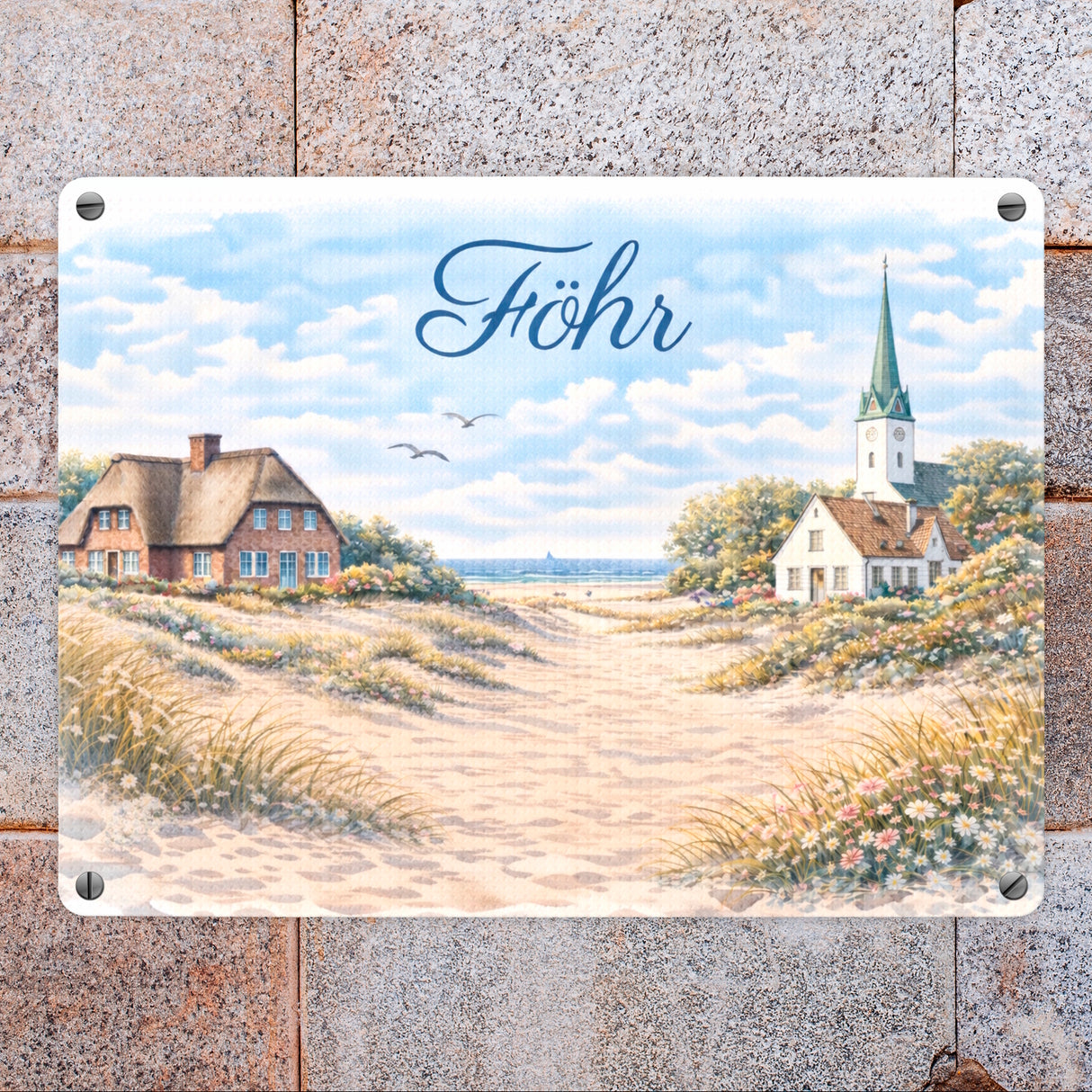 Küstenlandschaft Föhr Souvenir Metallschild in 15x20 cm mit Kirche