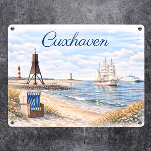 Cuxhaven Strandkorb Segelschiff Metallschild in 15x20 cm