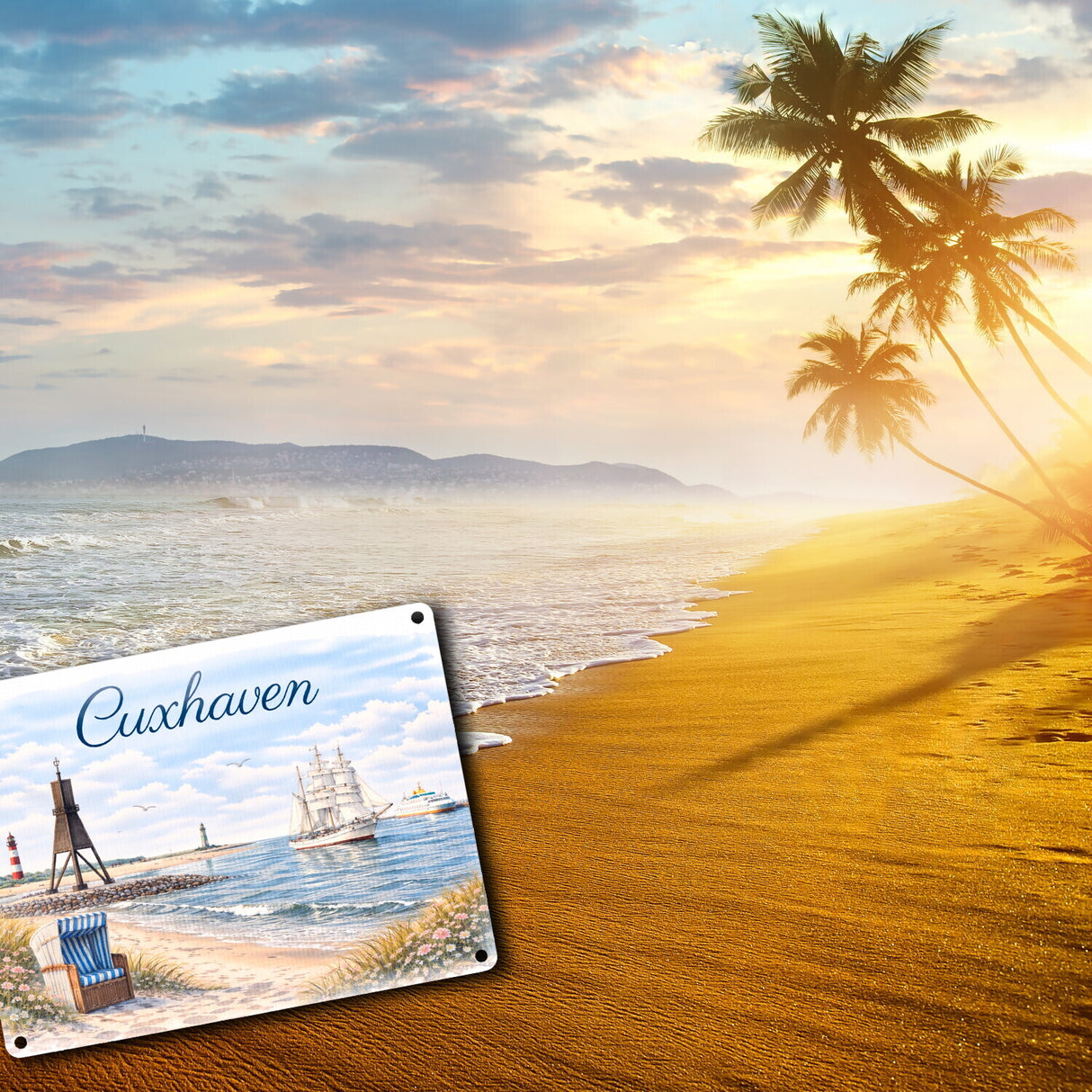 Cuxhaven Strandkorb Segelschiff Metallschild in 15x20 cm