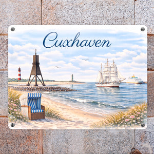 Cuxhaven Strandkorb Segelschiff Metallschild in 15x20 cm