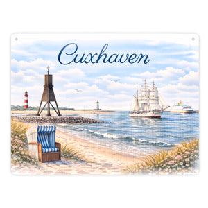 Cuxhaven Strandkorb Segelschiff Metallschild in 15x20 cm