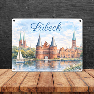 Lübeck Stadtansicht Metallschild in 15x20 cm mit Backsteintor