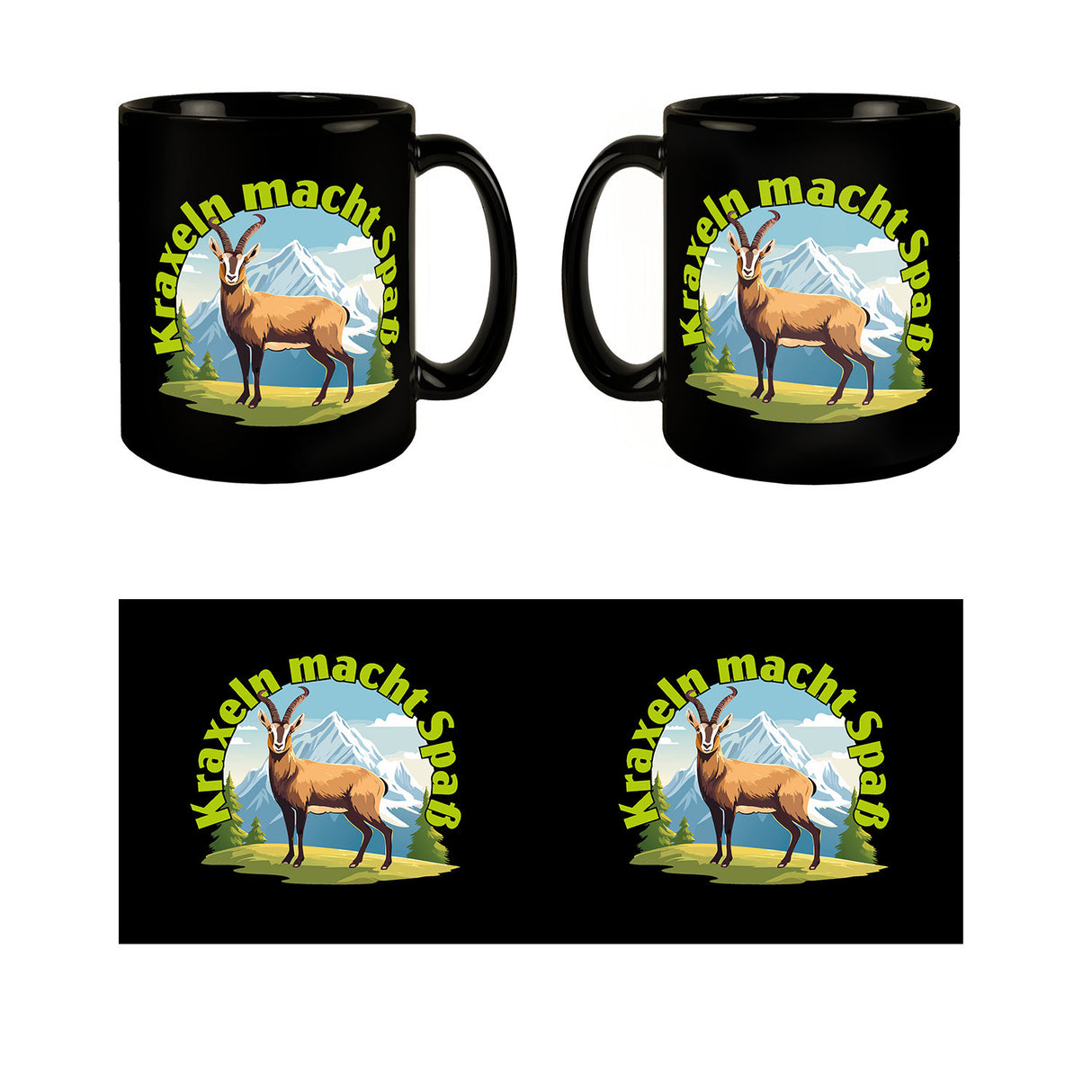 Steinbock Tasse in Schwarz mit Spruch: Kraxeln macht Spass