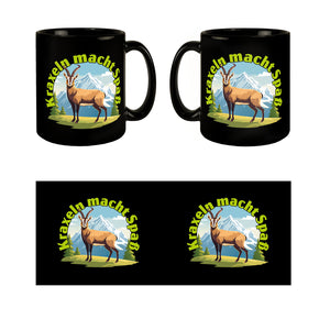 Steinbock Tasse in Schwarz mit Spruch: Kraxeln macht Spass