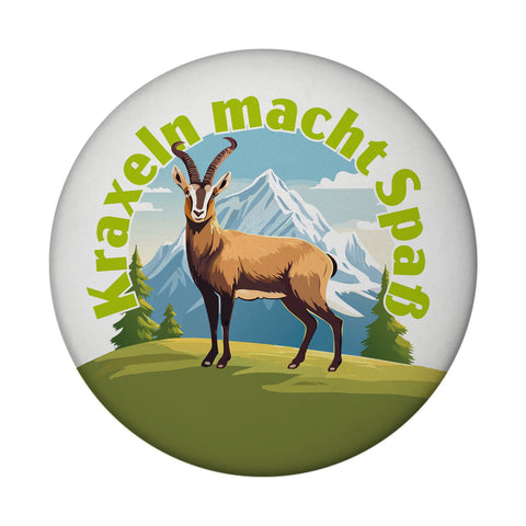 Steinbock Magnet rund mit Spruch: Kraxeln macht Spass