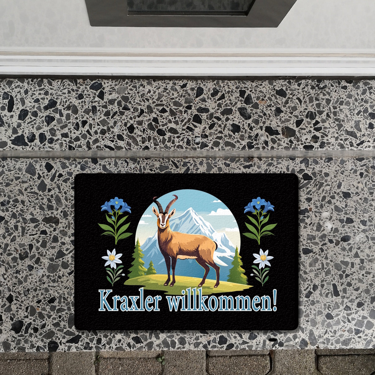 Steinbock Fußmatte in 35x50 cm ohne Rand mit Spruch: Kraxler willkommen!