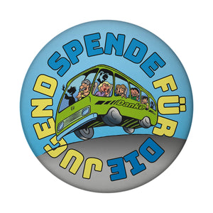 Omnibus Magnet rund mit Spruch: Spende für die Jugend. Danke