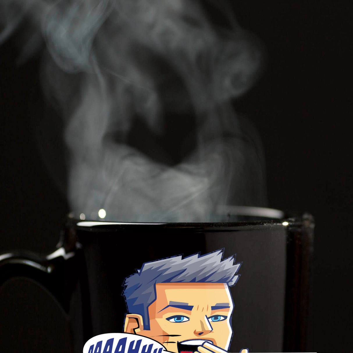 Müder Mann Tasse in Schwarz mit Spruch: stummer Schrei nach Kaffee