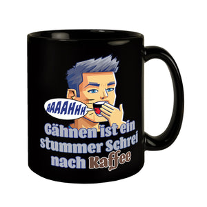 Müder Mann Tasse in Schwarz mit Spruch: stummer Schrei nach Kaffee
