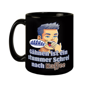 Müder Mann Tasse in Schwarz mit Spruch: stummer Schrei nach Kaffee