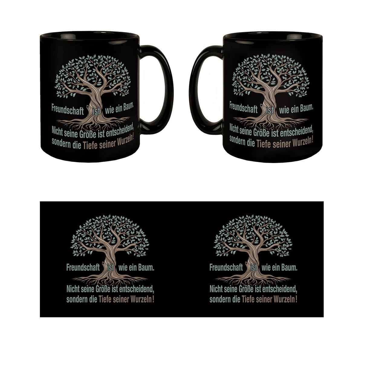 Baum mit Wurzelwerk Tasse mit Spruch: Freundschaft - Tiefe der Wurzeln zählt