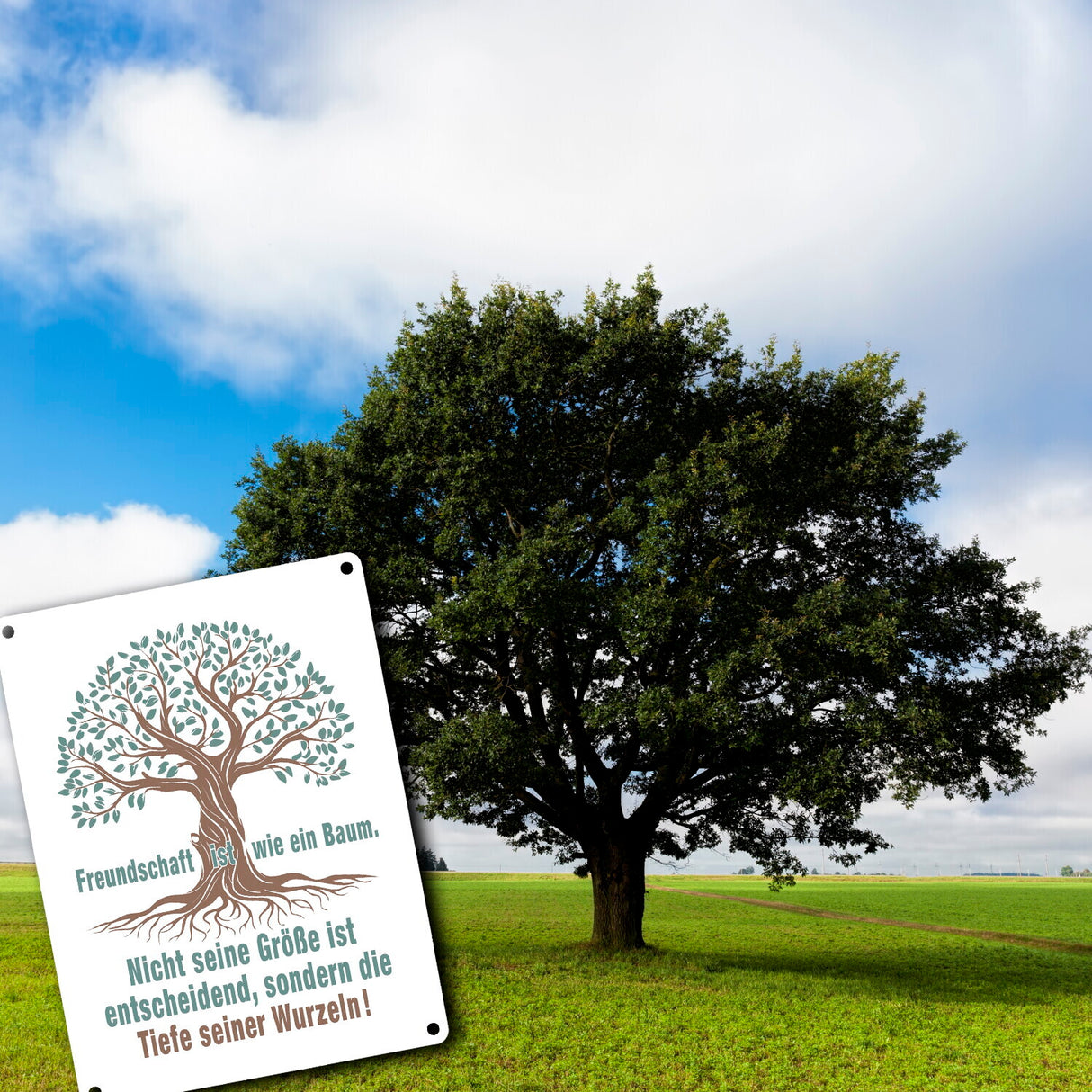 Baum mit Wurzeln Metallschild in 15x20 cm mit Spruch: Freundschaft ist tief verwurzelt