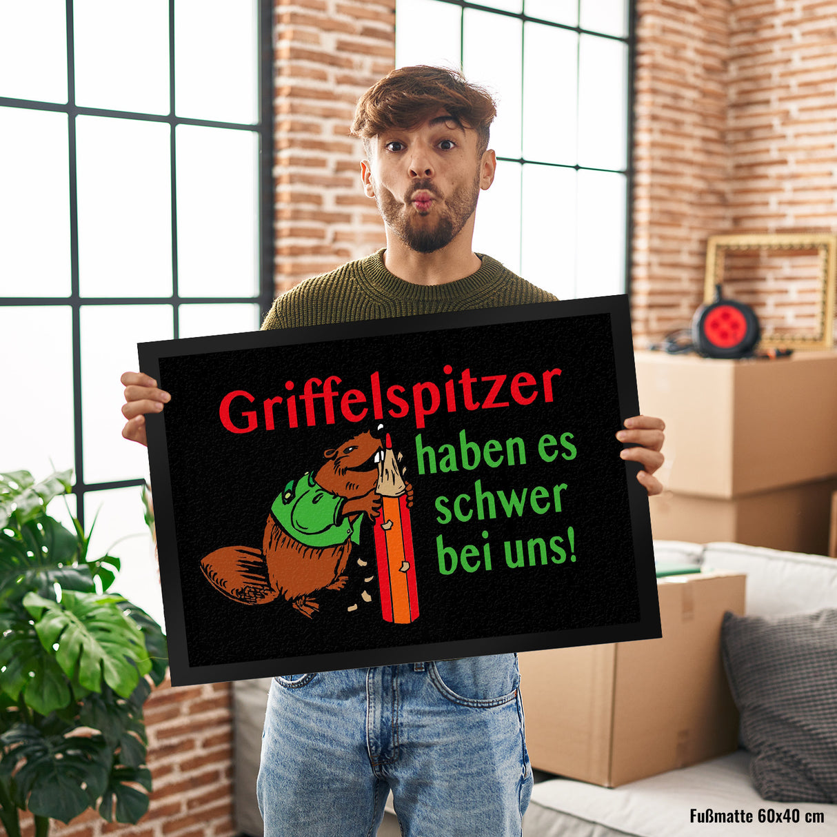 Biber Fußmatte in 35x50 cm mit Spruch: Griffelspitzer haben es schwer bei uns!