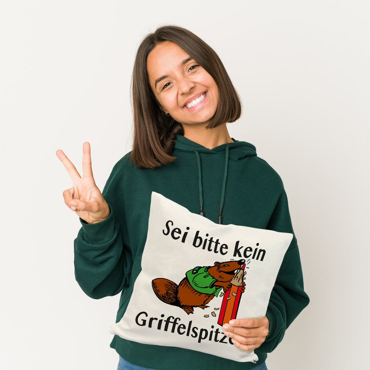 Biber Kissen mit Spruch: Sei kein Griffelspitzer