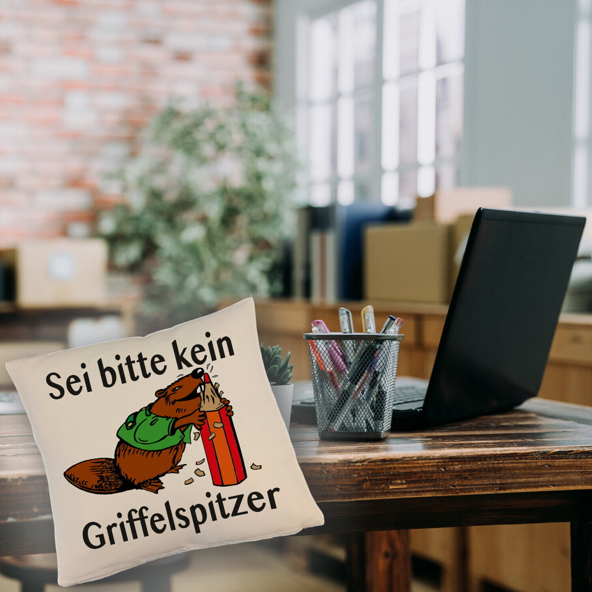Biber Kissen mit Spruch: Sei kein Griffelspitzer