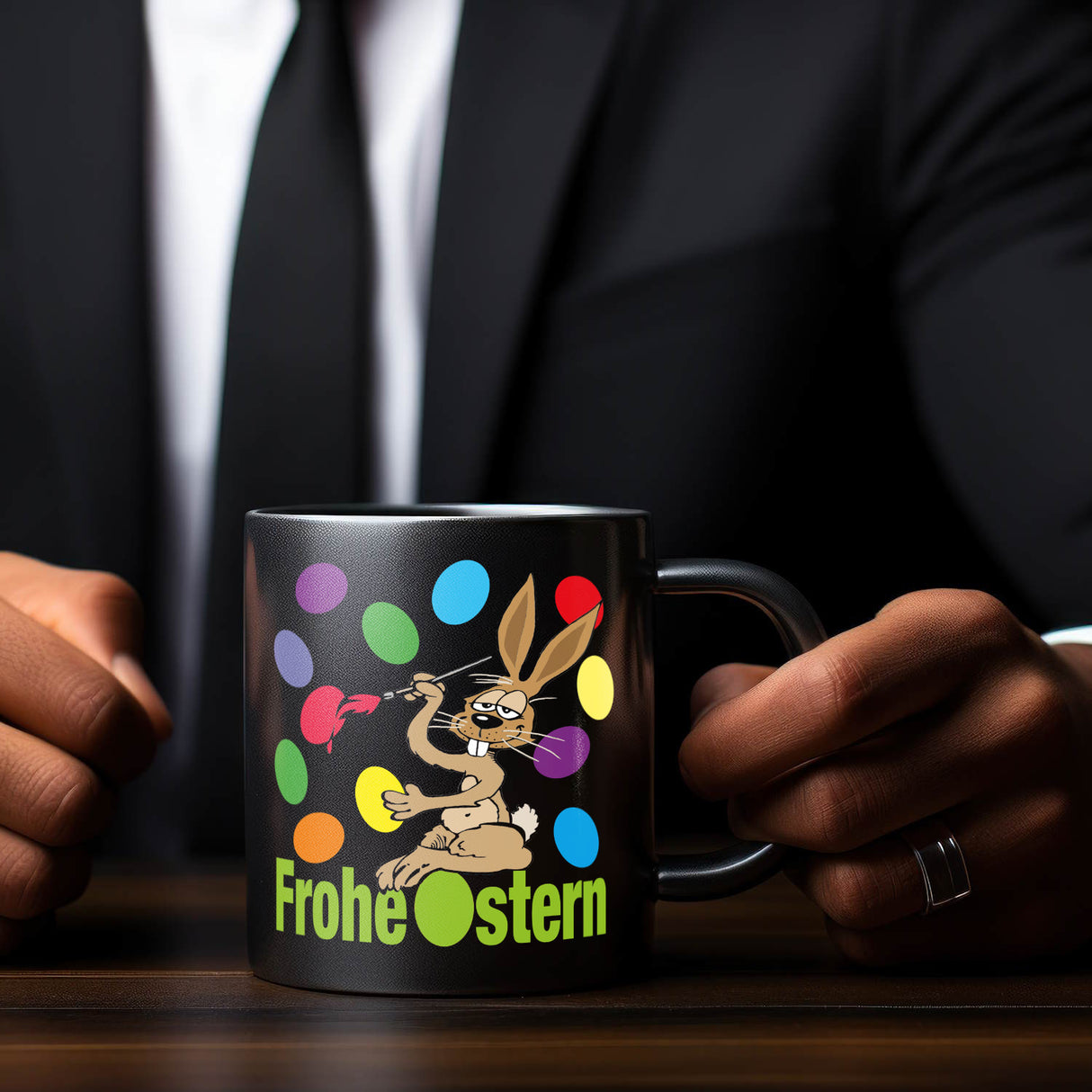 Osterhase Tasse in Schwarz mit Spruch: Frohe Ostern