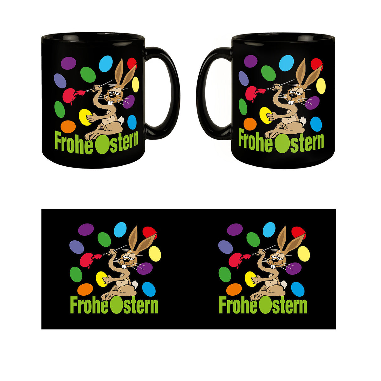 Osterhase Tasse in Schwarz mit Spruch: Frohe Ostern