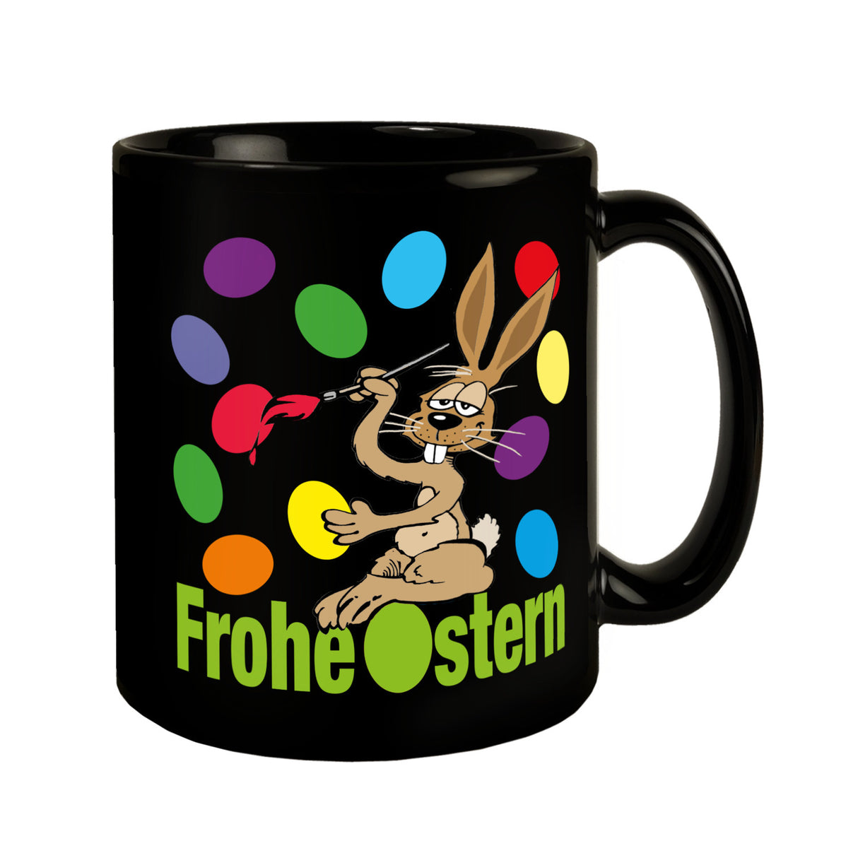 Osterhase Tasse in Schwarz mit Spruch: Frohe Ostern