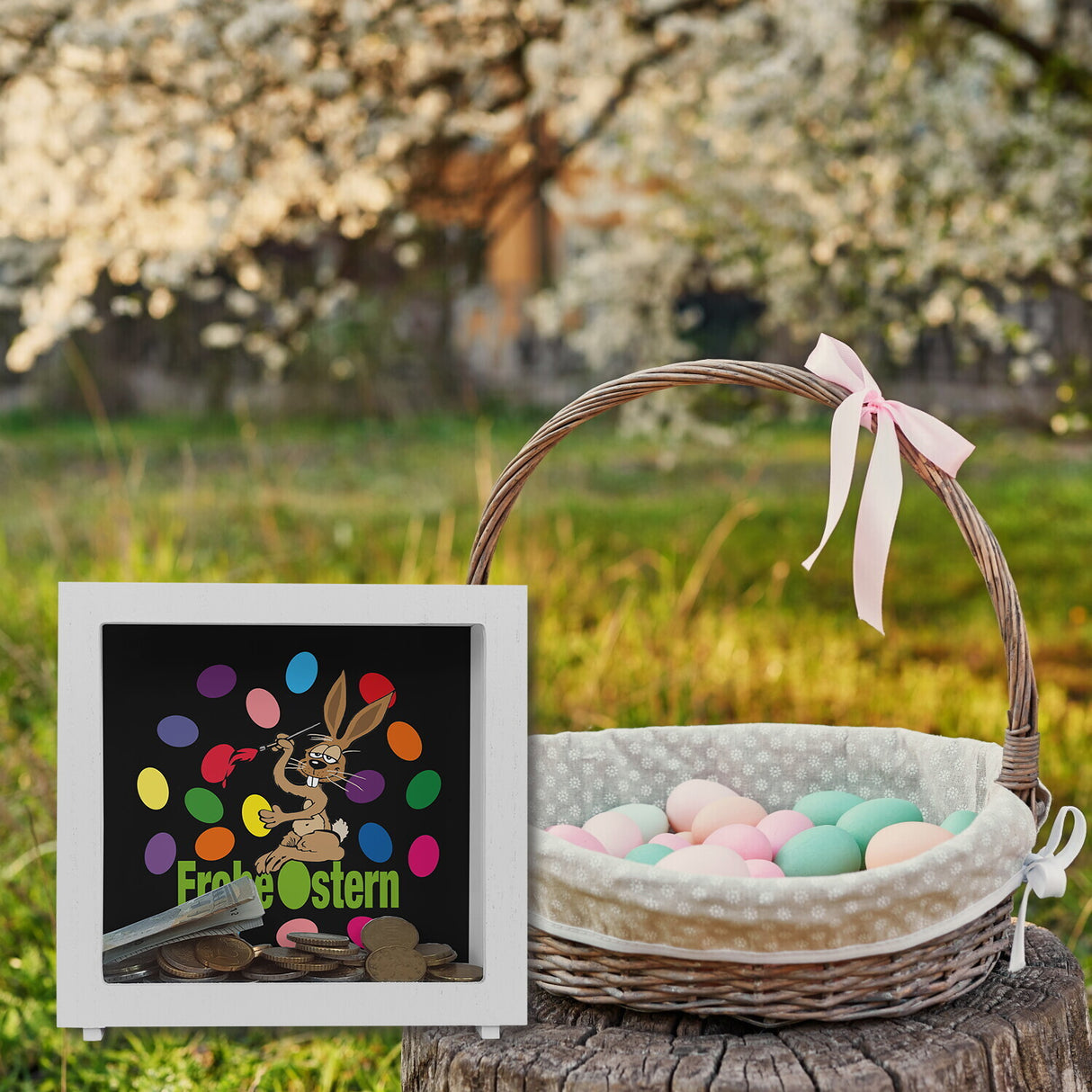 Osterhase Spardose mit Spruch: Frohe Ostern