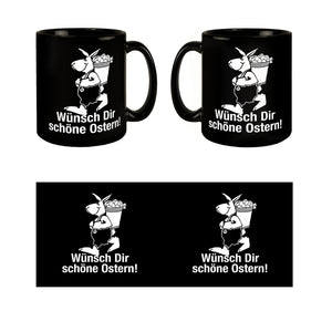 Osterhase Tasse in Schwarz mit Spruch: Wünsch dir schöne Ostern!