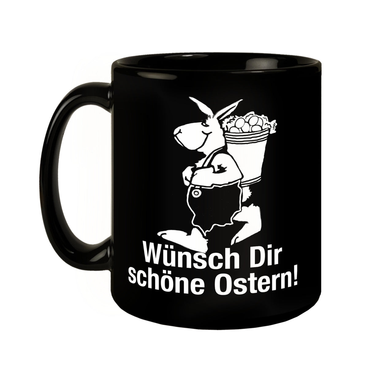 Osterhase Tasse in Schwarz mit Spruch: Wünsch dir schöne Ostern!