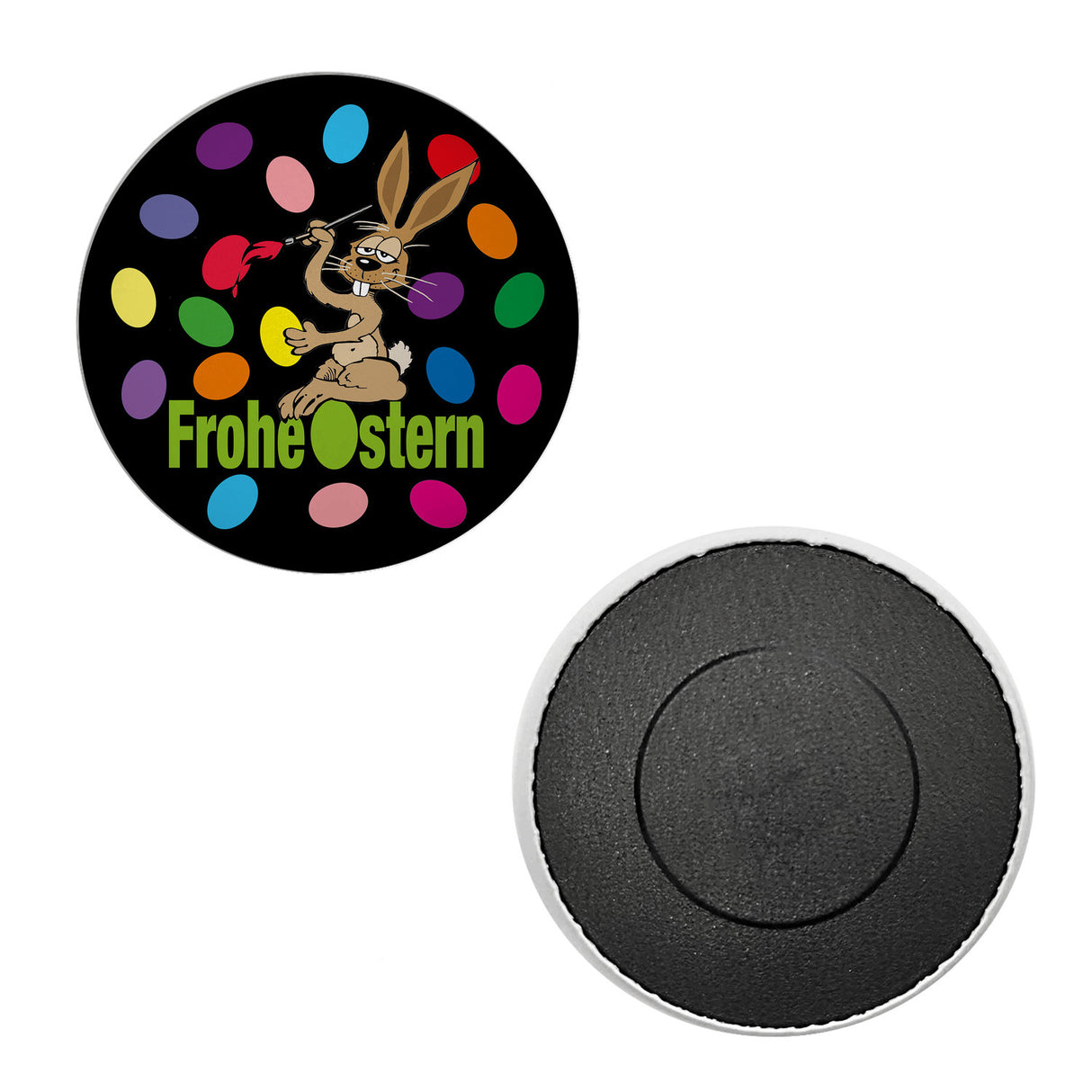 Osterhase Magnet rund mit Spruch: Frohe Ostern