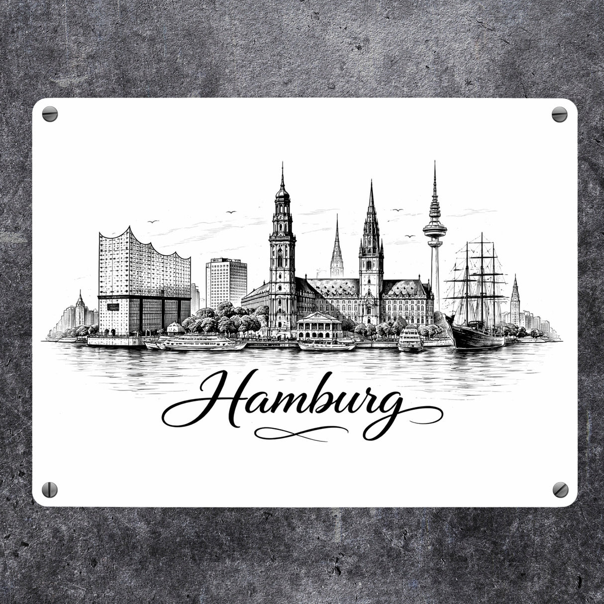 Skyline Hamburg Stadtsilhouette Metallschild in 15x20 cm