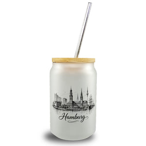 Skyline Hamburg Stadtsilhouette Trinkglas mit Bambusdeckel