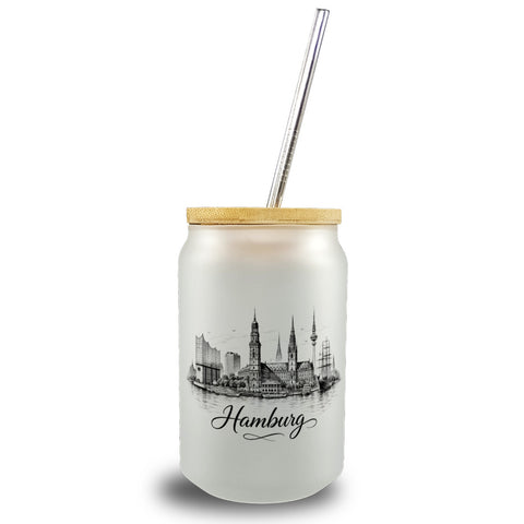 Skyline Hamburg Stadtsilhouette Trinkglas mit Bambusdeckel