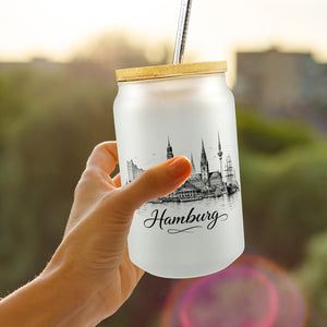 Skyline Hamburg Stadtsilhouette Trinkglas mit Bambusdeckel
