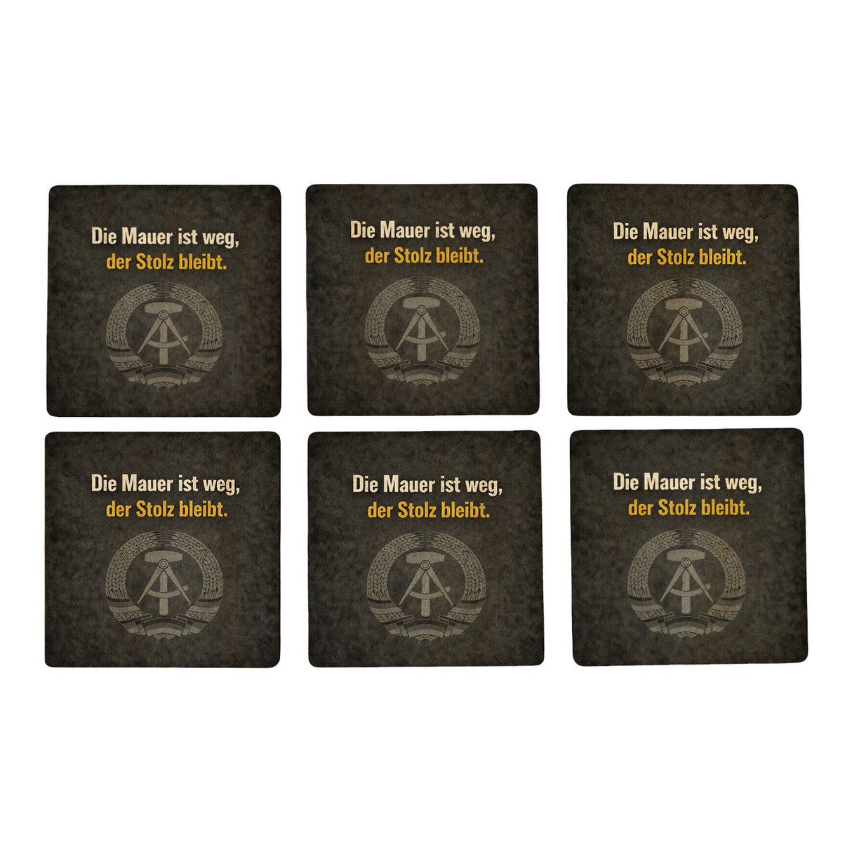 DDR-Stolz 6er Set Untersetzer aus Holz - Mauer ist weg, Stolz bleibt