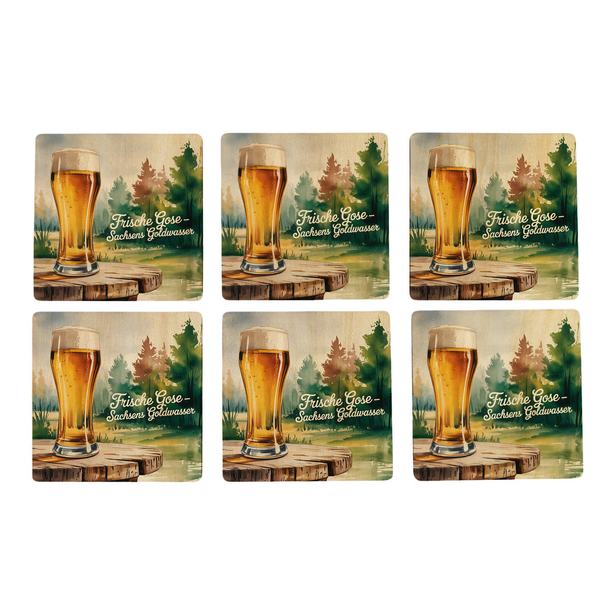 Region Sachsen Gose 6er Set Untersetzer aus Holz - Sachsens Goldwasser