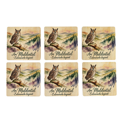 Region Sachsen Eule im Muldental 6er Set Untersetzer aus Holz - Eulenwache beginnt