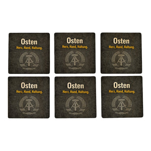 DDR-Stolz 6er Set Untersetzer aus Holz - Herz, Hand, Haltung