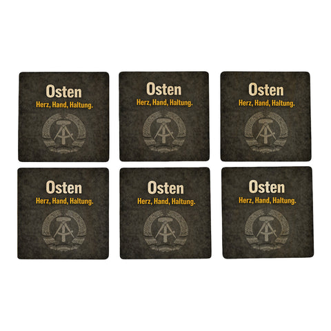 DDR-Stolz 6er Set Untersetzer aus Holz - Herz, Hand, Haltung