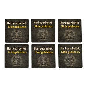 DDR-Stolz 6er Set Untersetzer aus Holz - Hart gearbeitet. Stolz geblieben.