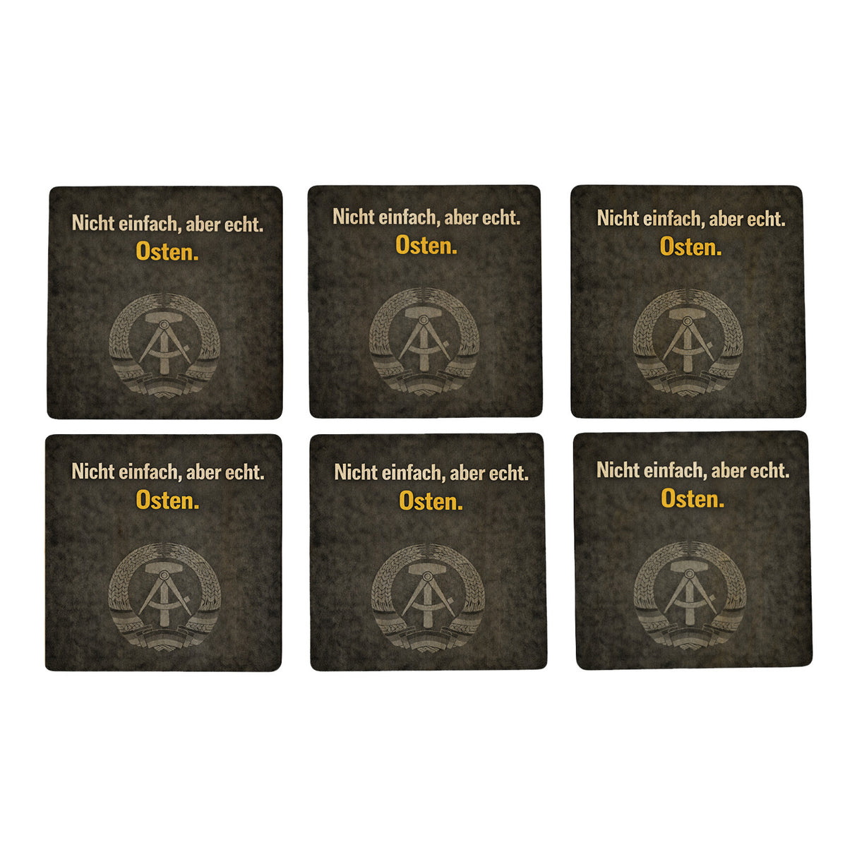 DDR-Stolz 6er Set Untersetzer aus Holz - Nicht einfach, aber echt
