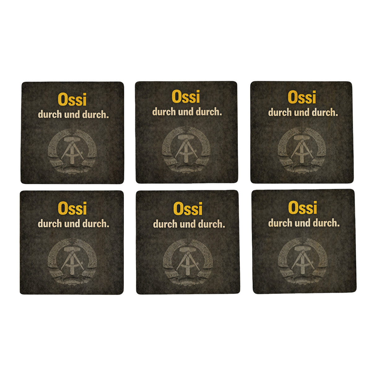 DDR-Stolz 6er Set Untersetzer aus Holz - Ossi durch und durch