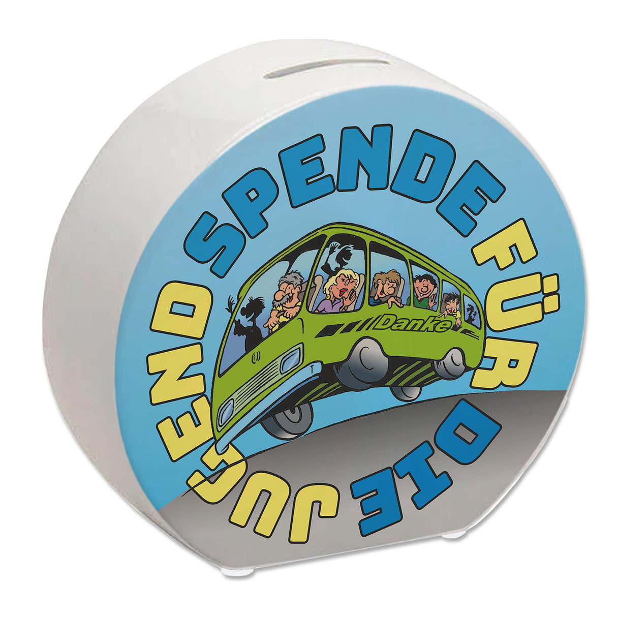 Omnibus Spardose mit Spruch: Spende für die Jugend. Danke