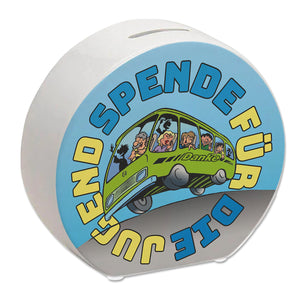 Omnibus Spardose mit Spruch: Spende für die Jugend. Danke