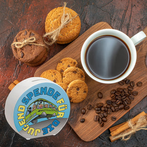 Omnibus Spardose mit Spruch: Spende für die Jugend. Danke