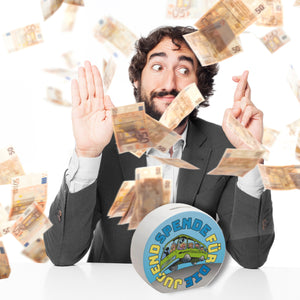 Omnibus Spardose mit Spruch: Spende für die Jugend. Danke